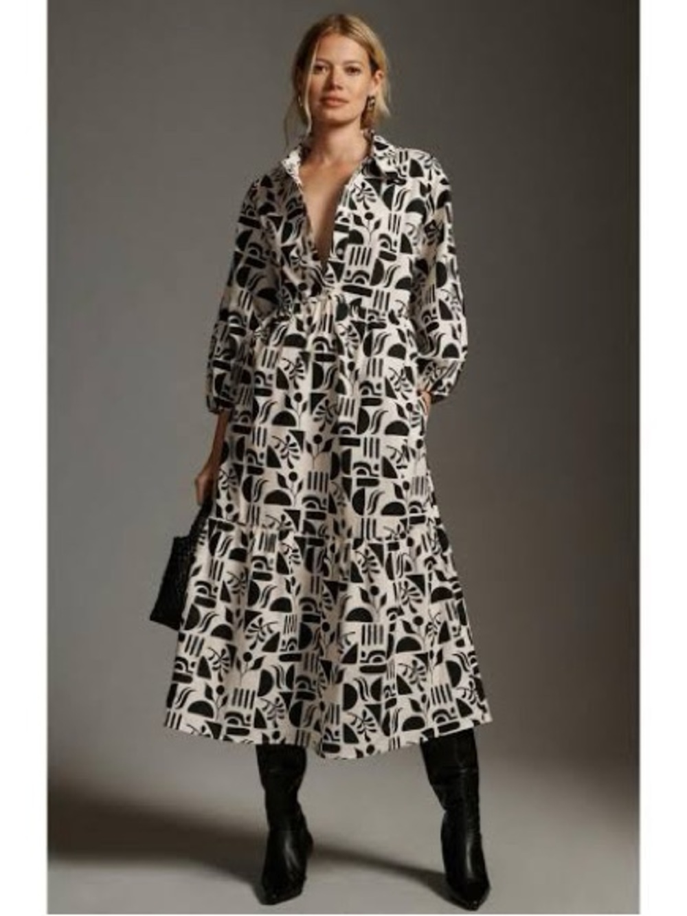 Maeve Bettina Black White Printed Cotton Midi Shirtdress Size Small